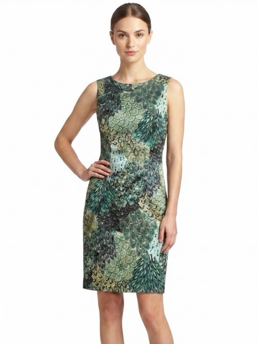 Connected Apparel Size 14 Green Short Sheath Dress - Peacock Feather Paisley